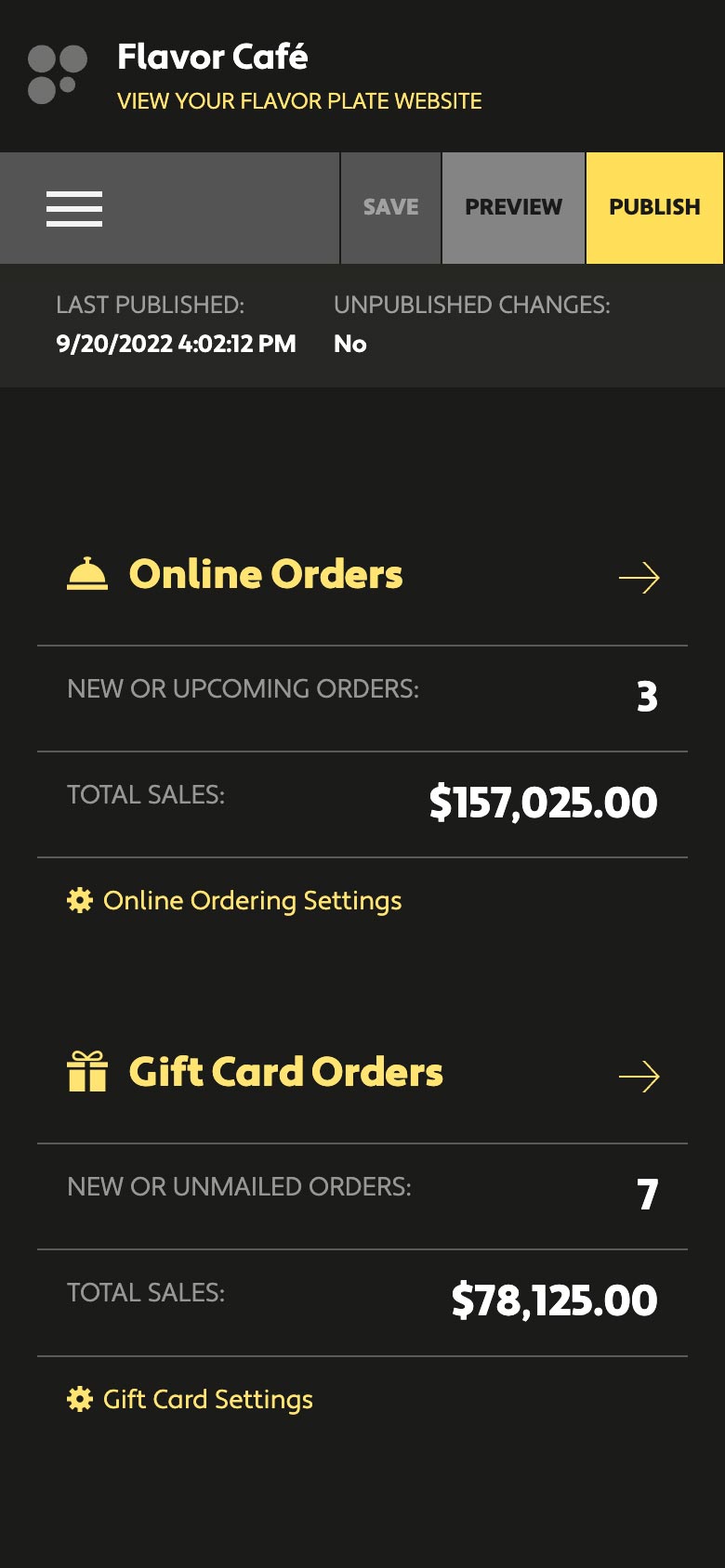 Flavor Plate dashboard overview (mobile)