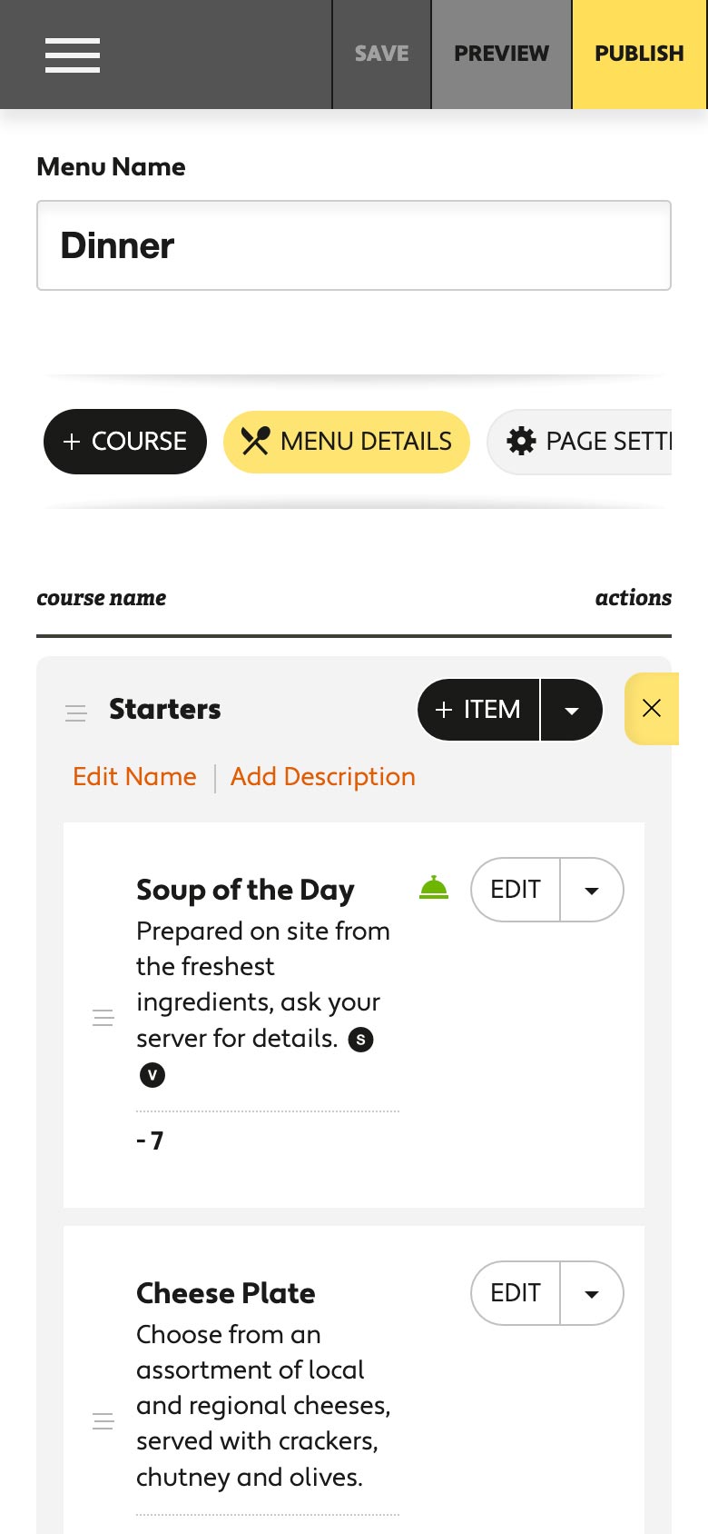 Flavor Plate menu details