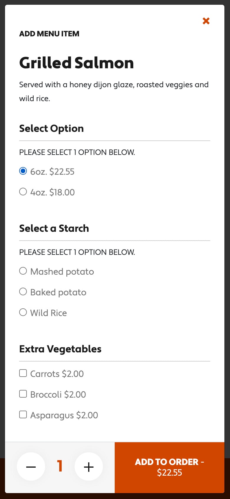 Online ordering menu item (mobile)