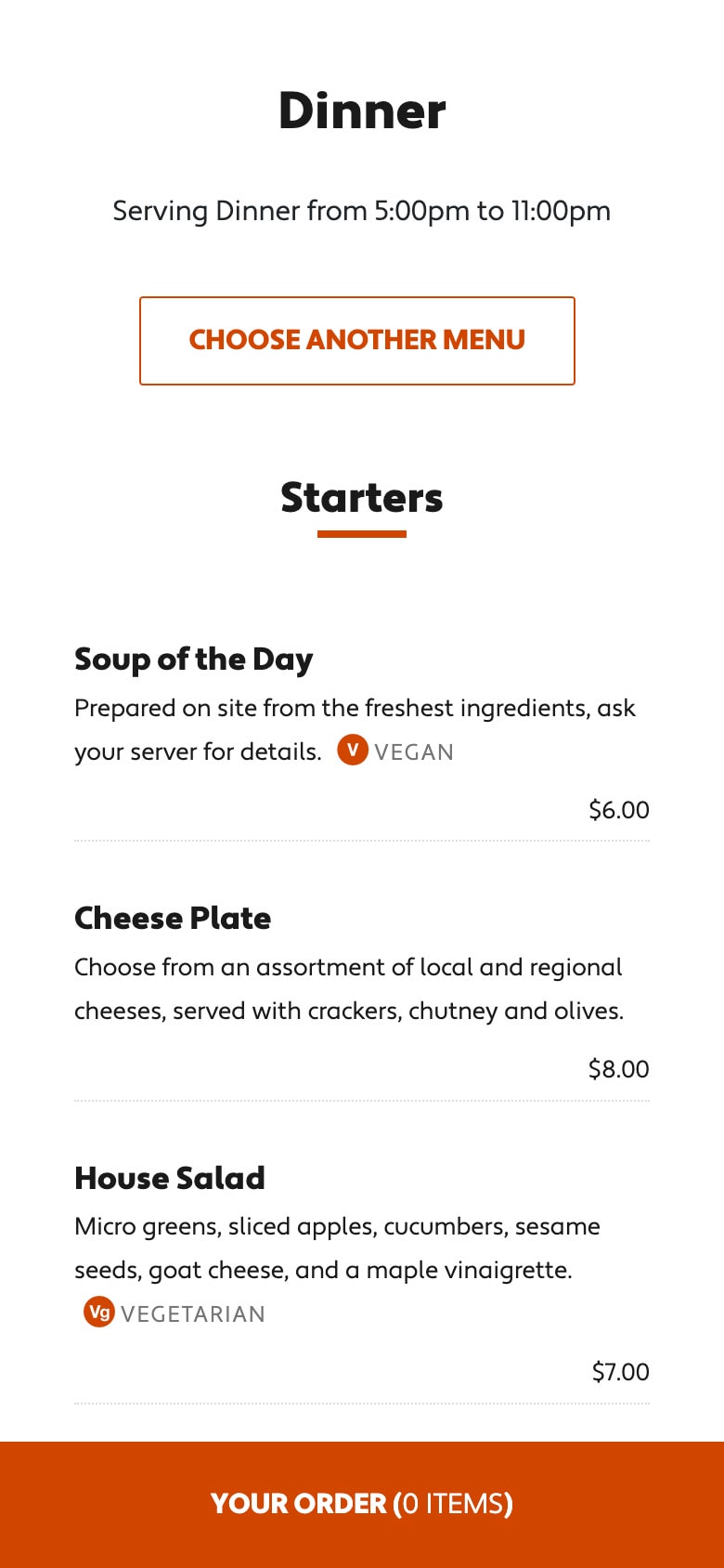 Online ordering menu (mobile)