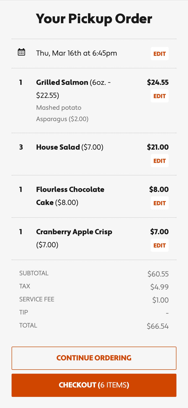 Online ordering order summary (mobile)