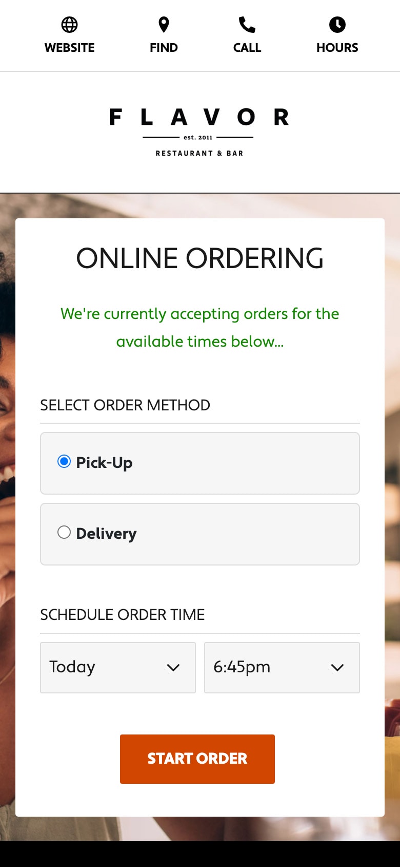Online ordering start screen (mobile)