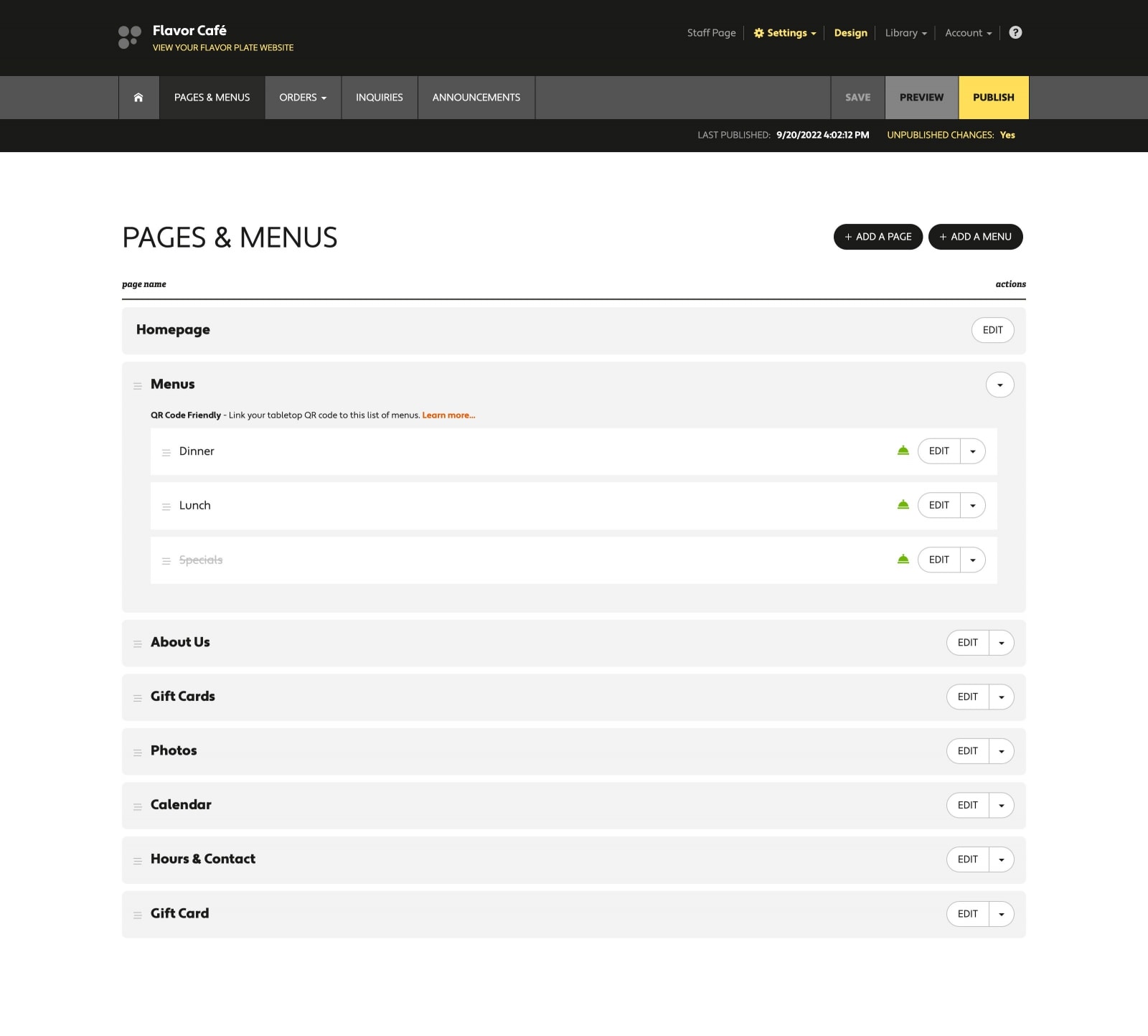 Flavor Plate pages and menus