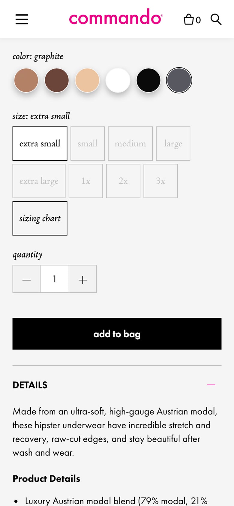 commando product detail page variant selectors (mobile)