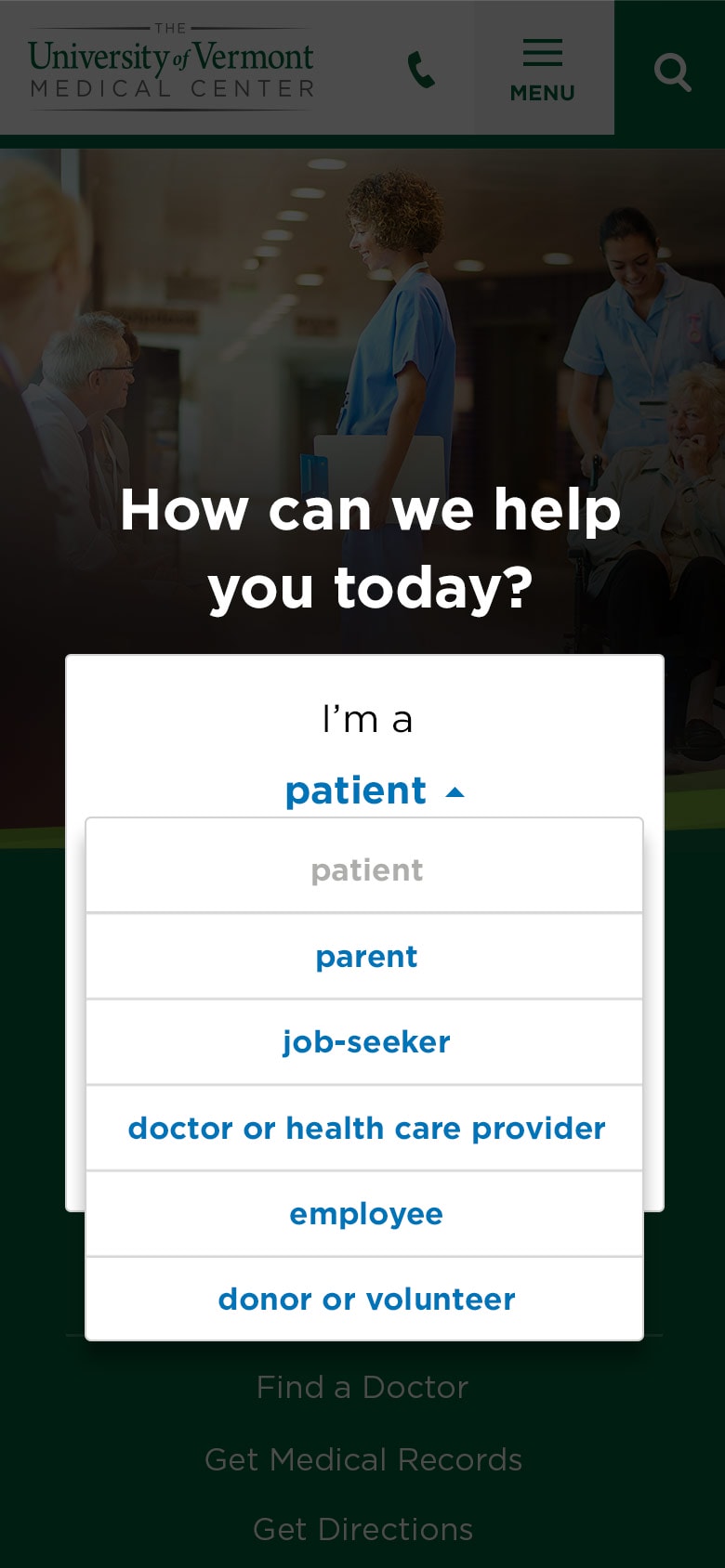 UVM Medical Center website homepage wizard options (mobile)