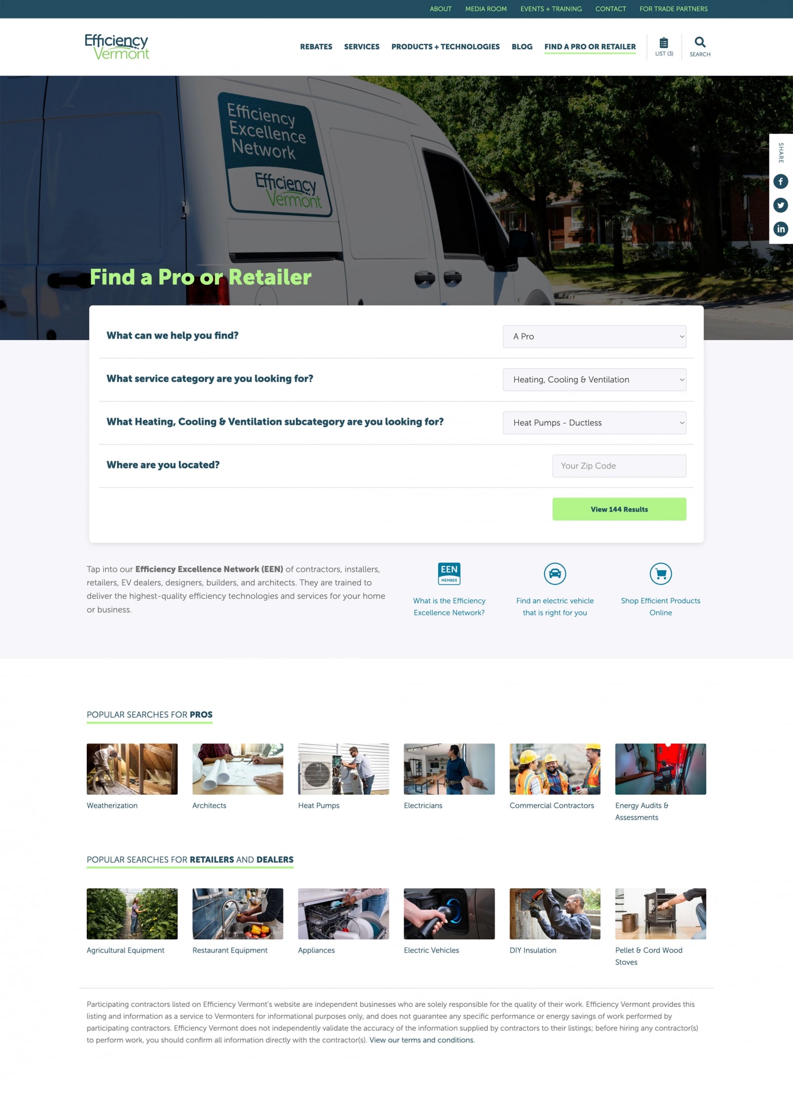 Efficiency Vermont find a pro or retailer search
