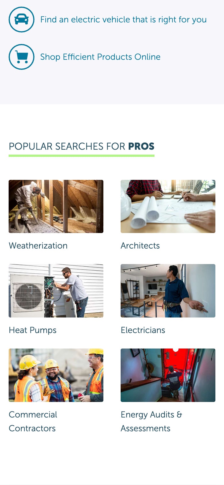 Efficiency Vermont find a pro or retailer popular search (mobile)