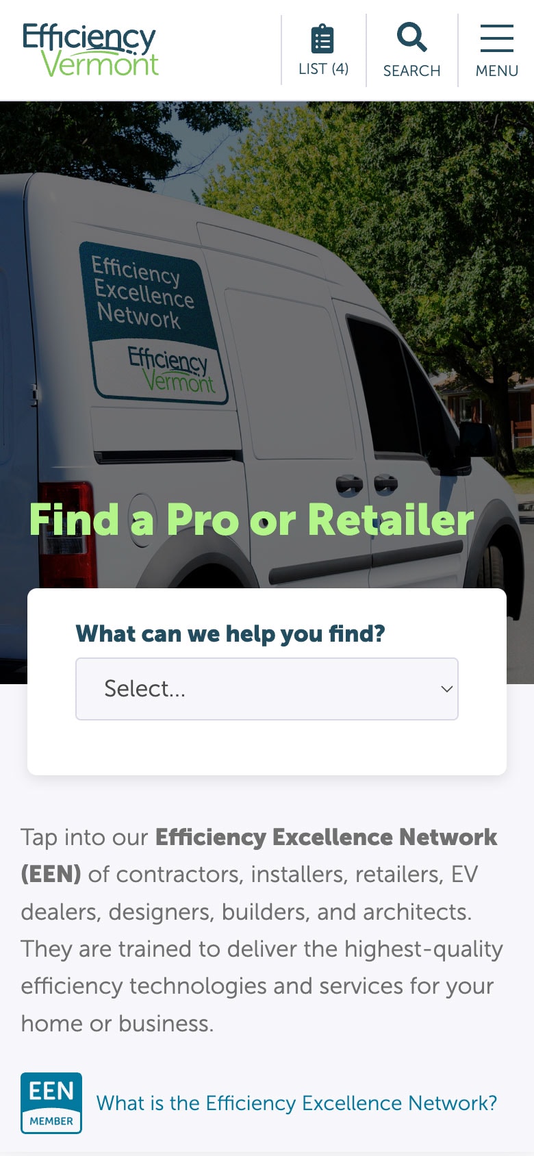 Efficiency Vermont find a pro or retailer search (mobile)