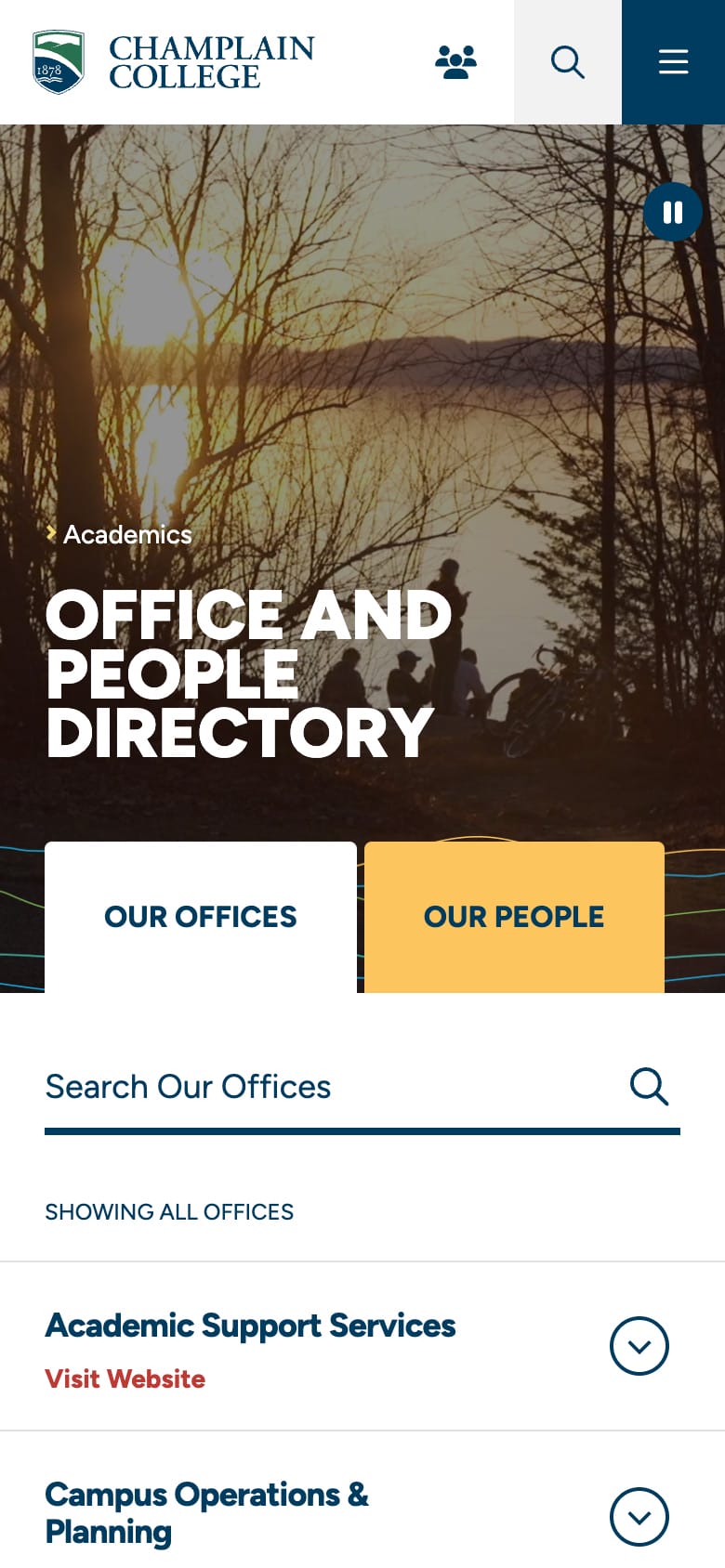 A mobile screen capture of Champlain College's directory of offices and people—showing the Our Offices tab