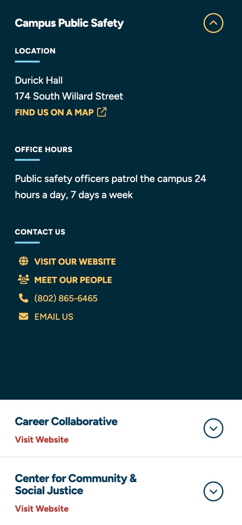 A mobile screen capture of Champlain College's directory of offices and people—showing an Offices details