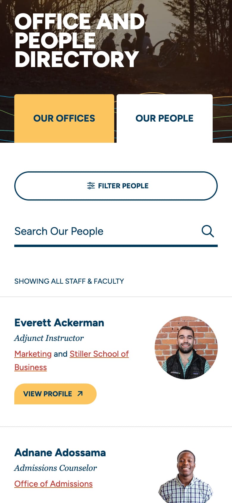 A mobile screen capture of Champlain College's directory of offices and people—showing the Our People tab