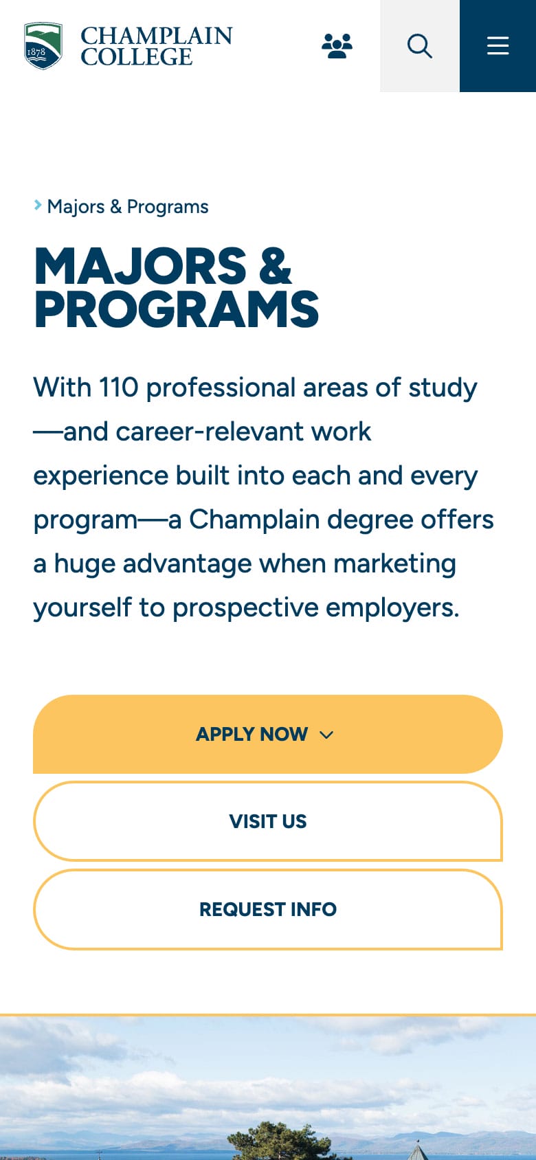 A mobile screen capture of the Champlain College website's majors and programs page