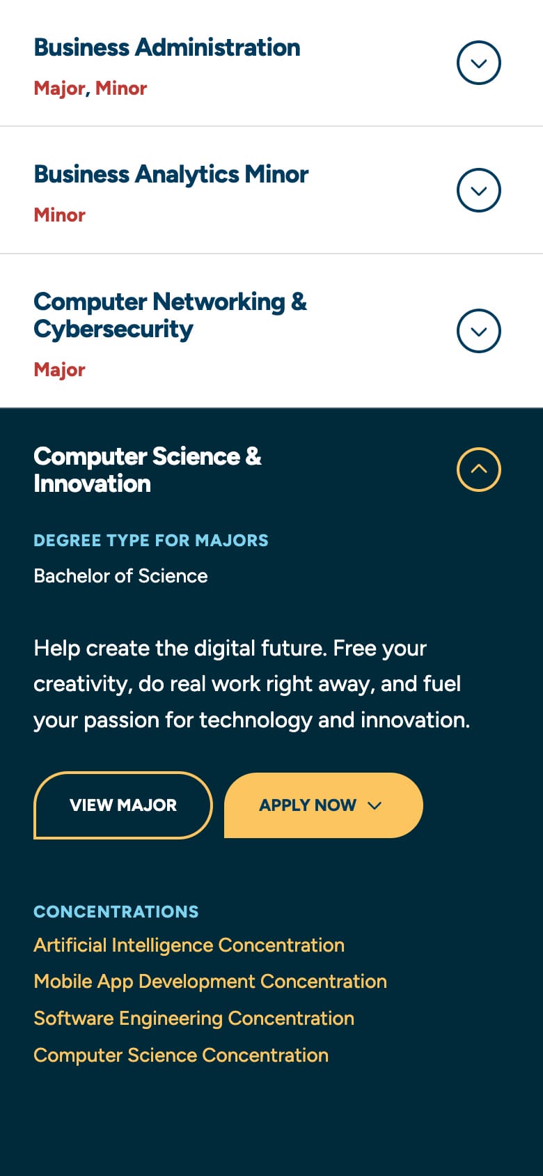 A mobile screen capture of the Champlain College website's majors and programs page with program details