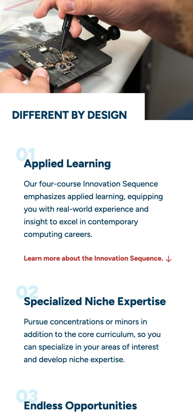 A mobile screen capture of a Champlain College program detail page showing the Different By Design section