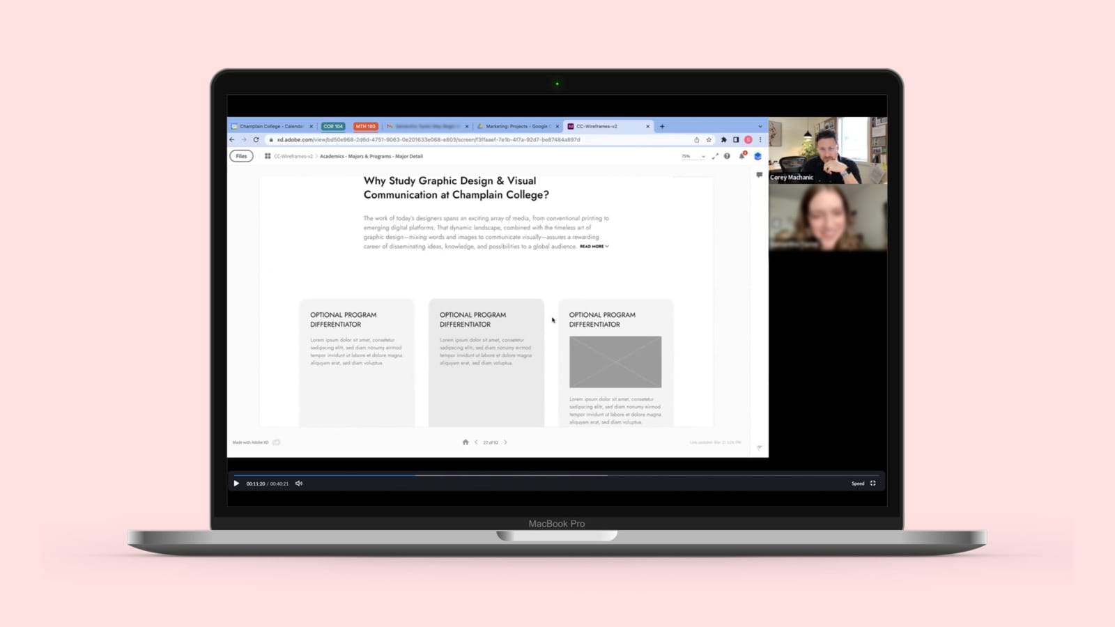 Screen capture of a recorded user test session with a Champlain College student navigating the redesigned website prototype.