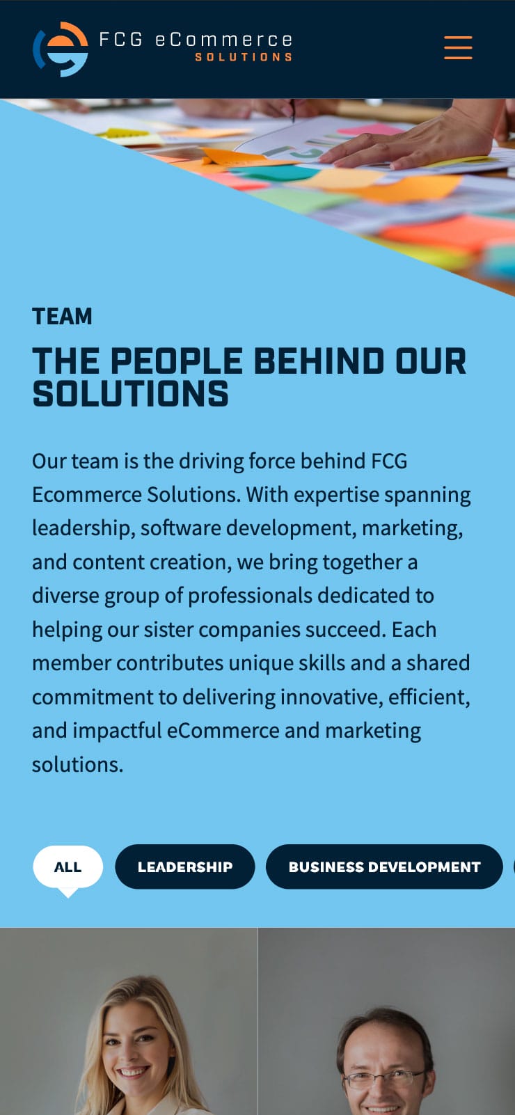 A mobile screen capture of FCG E-commerce's team section