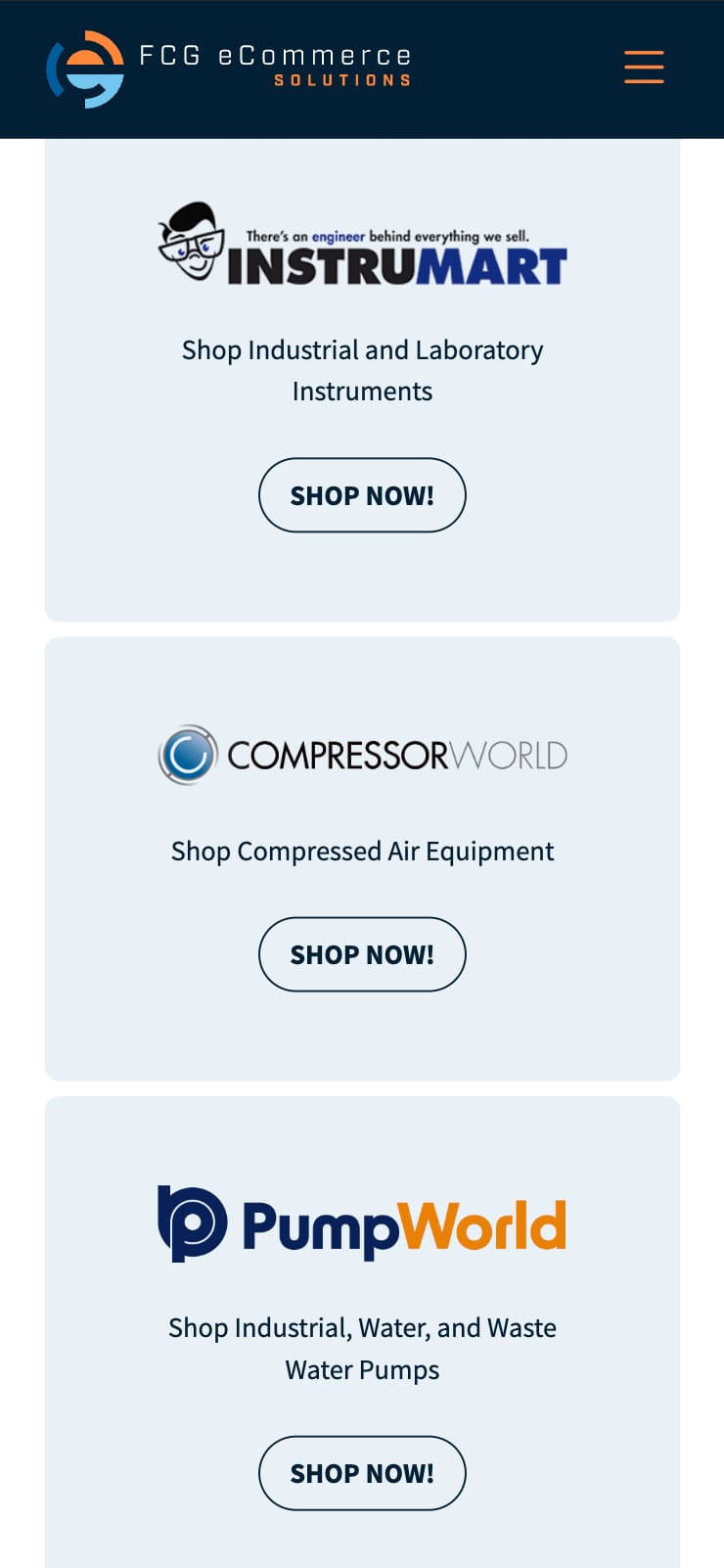 A mobile screen capture of FCG E-commerce's family of brands